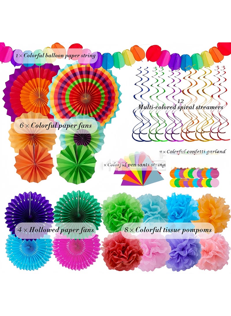S-Quality Fiesta Party Decorations Set – 33PCS Colorful Hanging Paper Fans, Rainbow Pom Poms, Fiesta Bunting & Streamers for Birthday and Festival Parties - Image 2