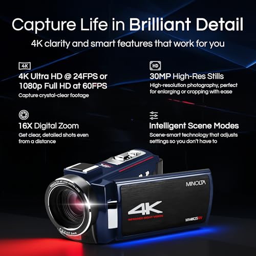 Minolta Camcorder - 4K Ultra HD, 30MP Photos, Night Vision with IR LEDs, 16X Zoom, Time-Lapse, Anti-Shake, 3" Touchscreen, HDMI USB Output, SD Slot, CMOS Sensor (Black) - Image 2