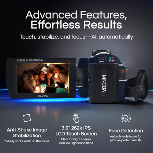 Minolta Camcorder - 4K Ultra HD, 30MP Photos, Night Vision with IR LEDs, 16X Zoom, Time-Lapse, Anti-Shake, 3" Touchscreen, HDMI USB Output, SD Slot, CMOS Sensor (Black) - Image 3