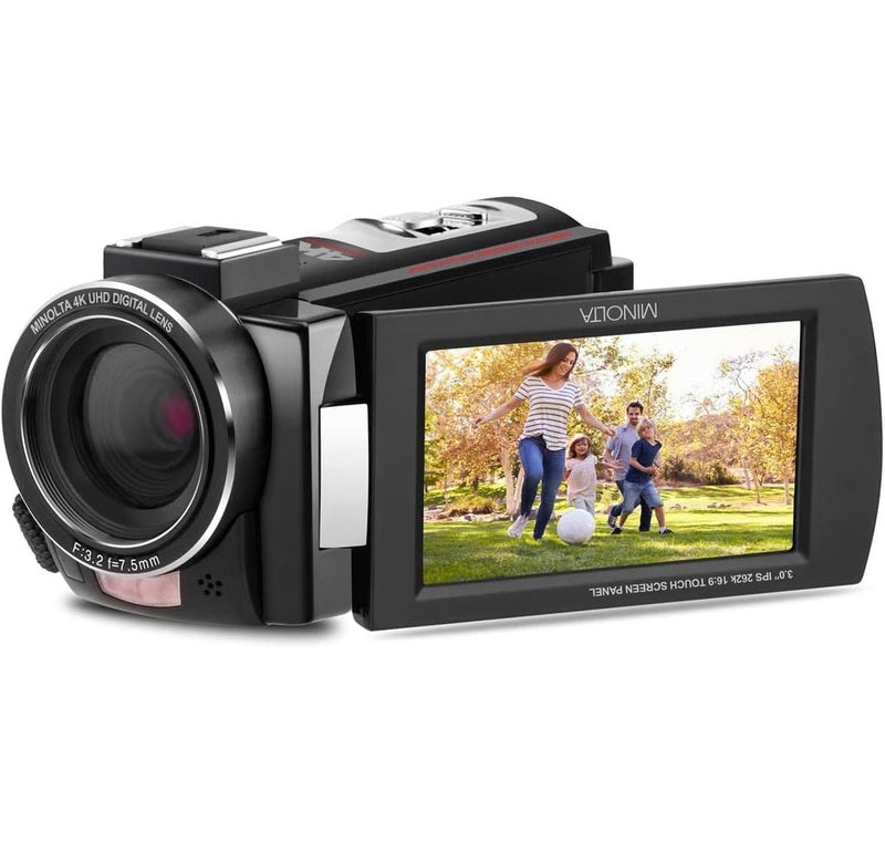 Minolta Camcorder - 4K Ultra HD, 30MP Photos, Night Vision with IR LEDs, 16X Zoom, Time-Lapse, Anti-Shake, 3" Touchscreen, HDMI USB Output, SD Slot, CMOS Sensor (Black) - Image 1