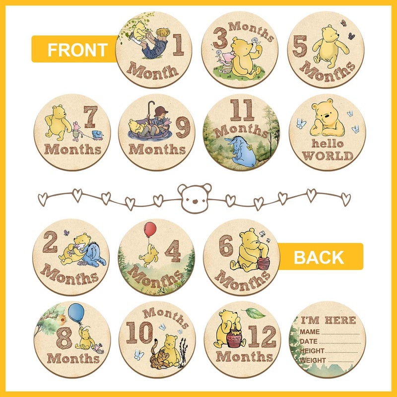 ALodr 7 قطع علامات milestones الشهرية لبيبي ويني، لافتات خشبية مزدوجة الجوانب لشهور بيبي ويني مع حقيبة تخزين، أقراص خشبية لإعلانات شهريّة لبيبي ويني، صور milestones لحديثي الولادة - Image 3
