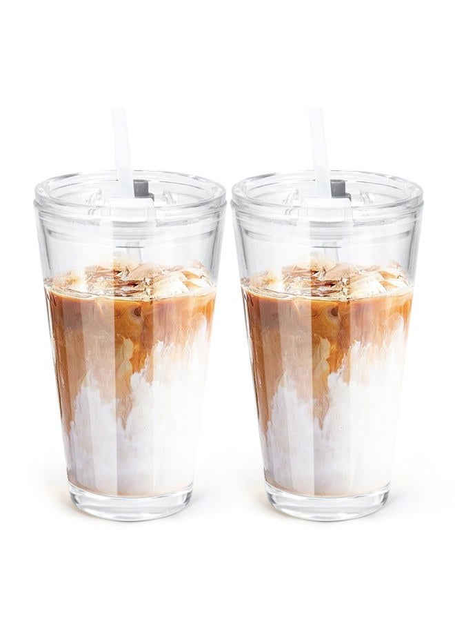 Icesip 15oz Iced Coffee Cup Set of 2 with Lid Straw Thick Leak Proof Drinking Glasses Tumbler for Gift Cold Drink Smoothie Boba Tea(Clear*2) - Image 1