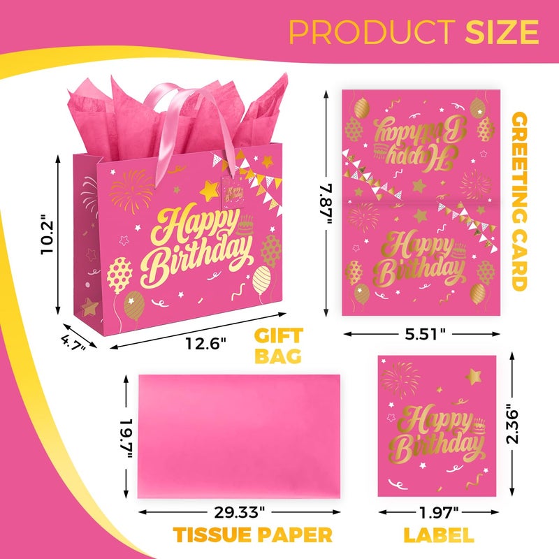 Sipthene 13â€ Pink Birthday Gift Bag with Tissue Paper and Greeting Card, Happy Birthday Gift Bags for Party, Hot Foil Stamping Design Gift Wrap Bags Decor for Women and Kids, 1 PCS, Medium Size - Image 3