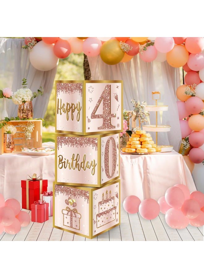 Guiruiy 3Pcs 40th Birthday Decorations Boxes for Women, Pink Rose Gold 40th Birthday Balloons Boxes Party Supplies, Pink Forty Year Old Bday Theme Cardboard Box Decor - Image 4