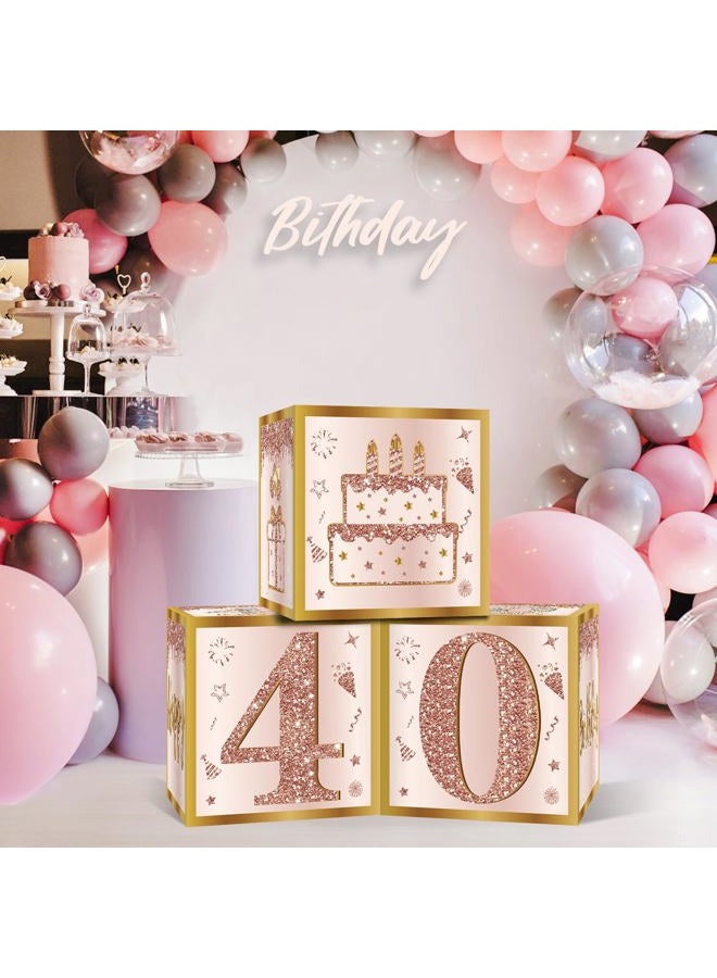 Guiruiy 3Pcs 40th Birthday Decorations Boxes for Women, Pink Rose Gold 40th Birthday Balloons Boxes Party Supplies, Pink Forty Year Old Bday Theme Cardboard Box Decor - Image 3