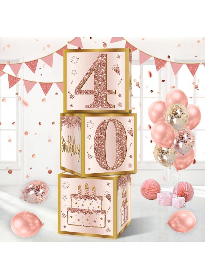 Guiruiy 3Pcs 40th Birthday Decorations Boxes for Women, Pink Rose Gold 40th Birthday Balloons Boxes Party Supplies, Pink Forty Year Old Bday Theme Cardboard Box Decor - Image 1