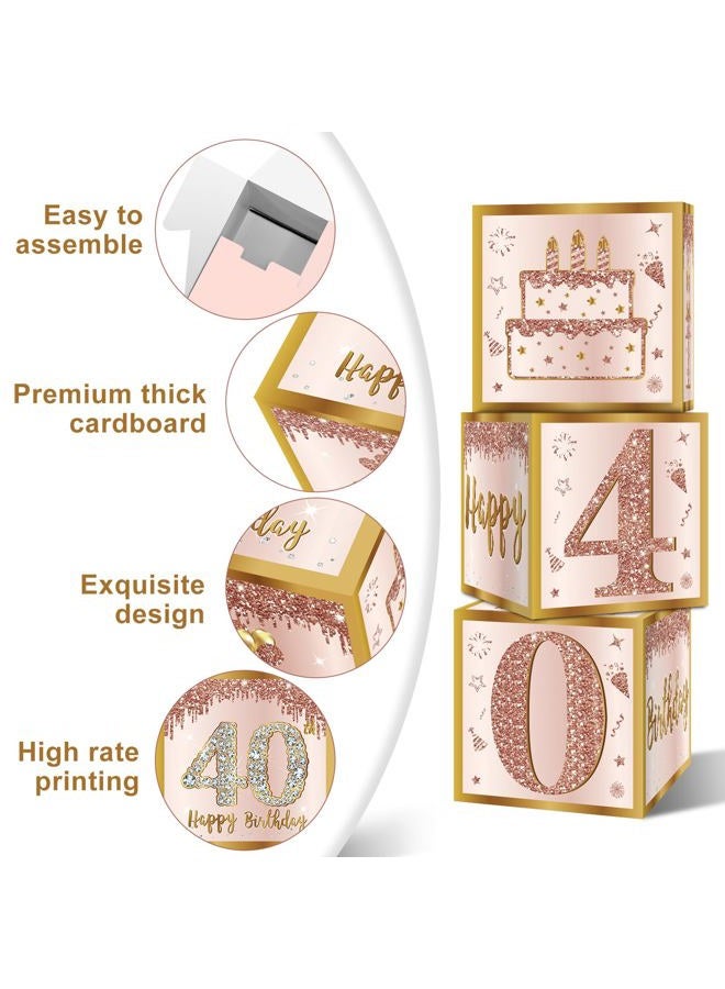 Guiruiy 3Pcs 40th Birthday Decorations Boxes for Women, Pink Rose Gold 40th Birthday Balloons Boxes Party Supplies, Pink Forty Year Old Bday Theme Cardboard Box Decor - Image 5
