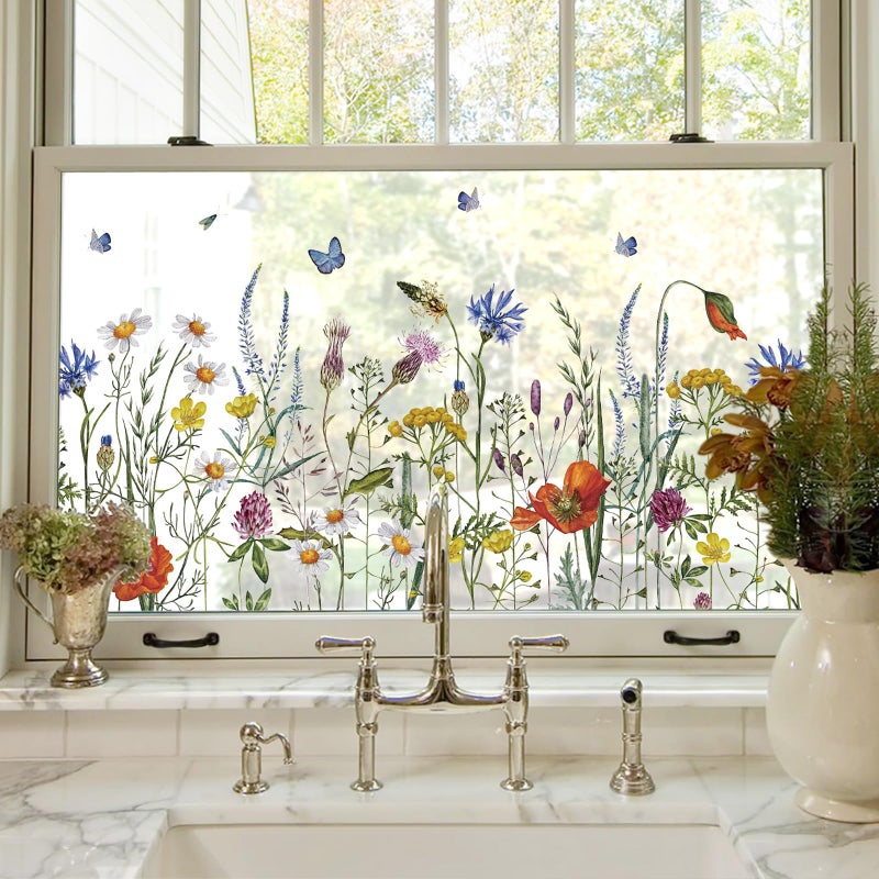 ADD.HERES Window Clings Stickers, Colorful Floral Window Film, Removable DIY Bouquet Window Clings,Decals for Home School Office Party Supplies, Butterfly Among The Flowers, 17.3" x 78.7" - Image 1