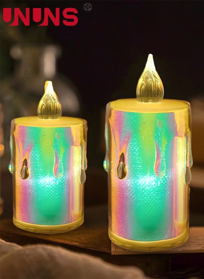 UNUNS مجموعة شموع بدون لهب LED مكونة من 2 قطعة، مصباح يعمل بالبطارية بشكل واقعي، شموع بدون لهب مع دموع محاكاة، شموع ملونة لامعة لتزيين المنزل، مجموعة شمع الشاي - Image 1