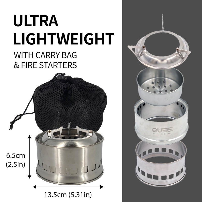 QUBE BBQ Portable Camping Stove with 3 Fire Starters â€“ Stainless Steel Wood Burning Mini Camp Stove, Foldable with Carry Bag, for Backpacking, Hiking, Traveling, Emergency, Outdoor BBQ, and Picnic - Image 2