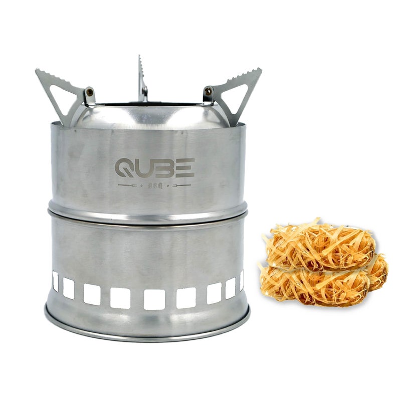 QUBE BBQ Portable Camping Stove with 3 Fire Starters â€“ Stainless Steel Wood Burning Mini Camp Stove, Foldable with Carry Bag, for Backpacking, Hiking, Traveling, Emergency, Outdoor BBQ, and Picnic - Image 1
