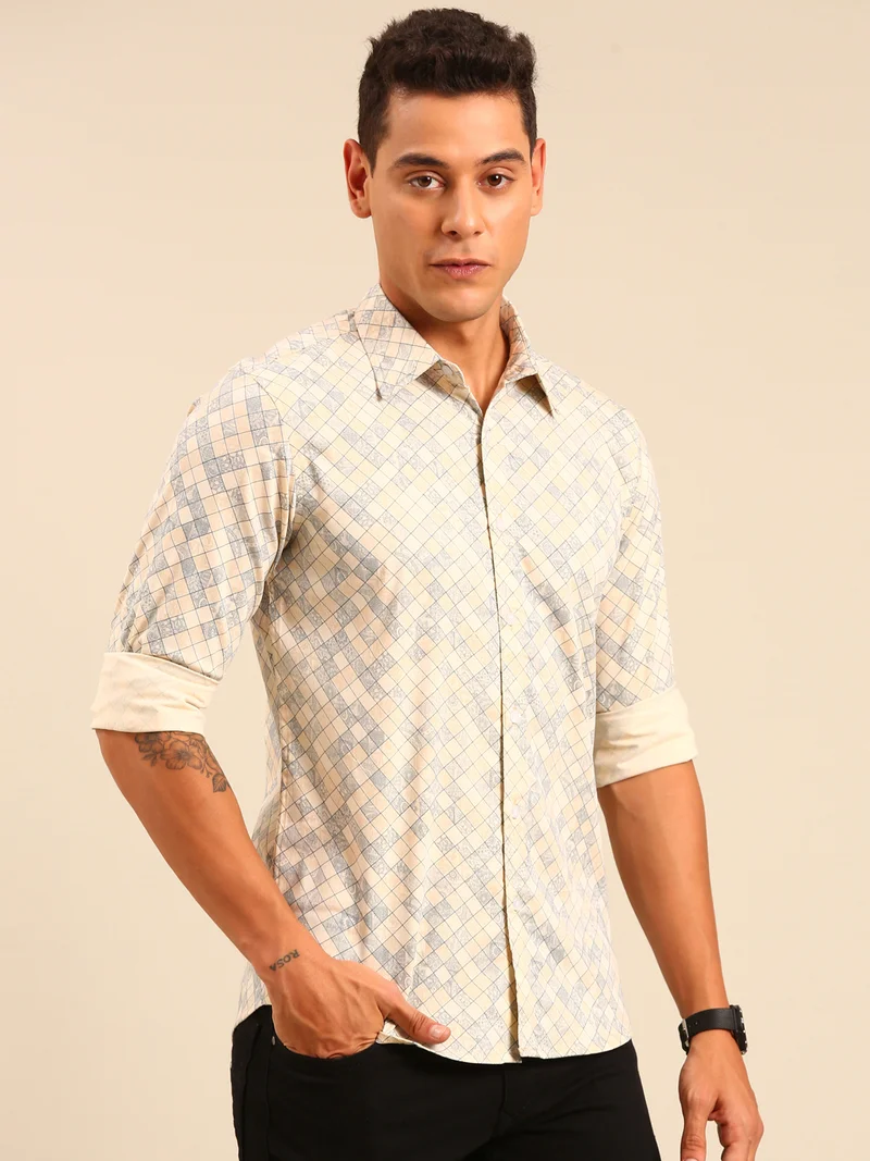 Joven Beige Printed Cotton Shirt for Men
