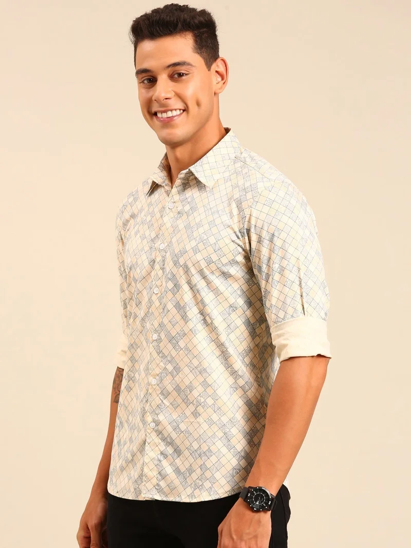 جوفن قميص قطني مطبوع بيج للرجال