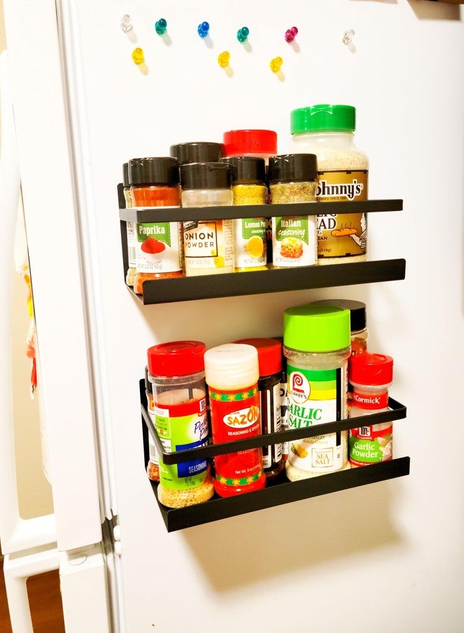 TIYOORTA 2Pcs Fridge Spice Rack Organizer Single Tier Magnetic Refrigerator Spice Storage Magnet Shelf, Black - Image 4