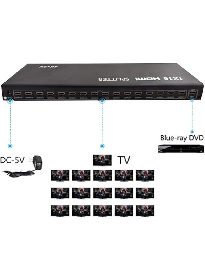 موزع HDMI من COOLCOLD 1 في 16 منفذ، 16 منفذ 1x16 بدقة Full HD 1080P، محول HDMI 1.4، يدعم 4Kx2K و3D والصوت الرقمي - أسود - Image 2