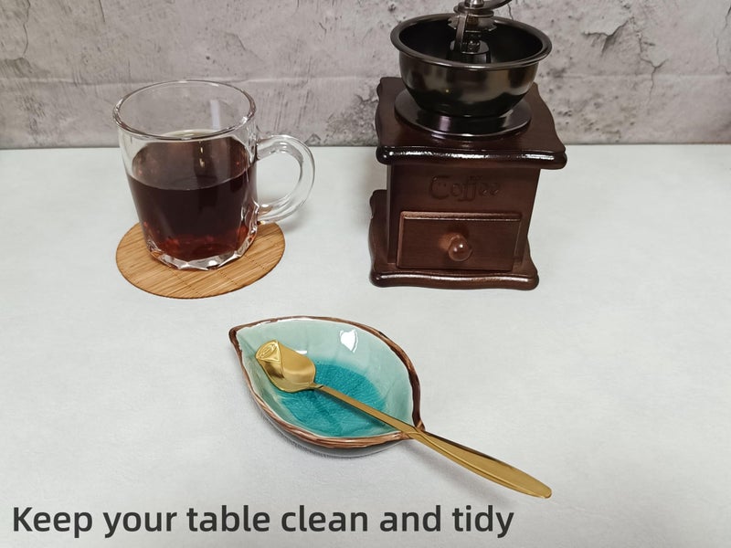 TOPYOKK Coffee Spoon and Rest for Coffee Bar Accessories, Small Spoon Rest for Coffee Bar & Station, Tea Spoon Rest & Holder for Teaspoon Rest, 1 PC (Crackle Glaze Lake Blue Leaf with Gold Rose Spoon) - Image 2
