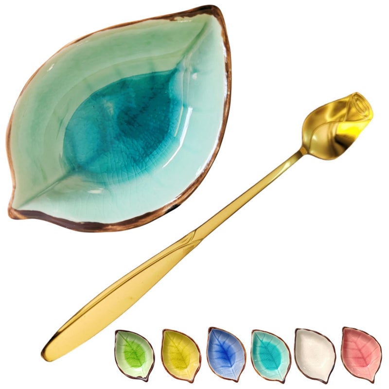 TOPYOKK Coffee Spoon and Rest for Coffee Bar Accessories, Small Spoon Rest for Coffee Bar & Station, Tea Spoon Rest & Holder for Teaspoon Rest, 1 PC (Crackle Glaze Lake Blue Leaf with Gold Rose Spoon) - Image 1