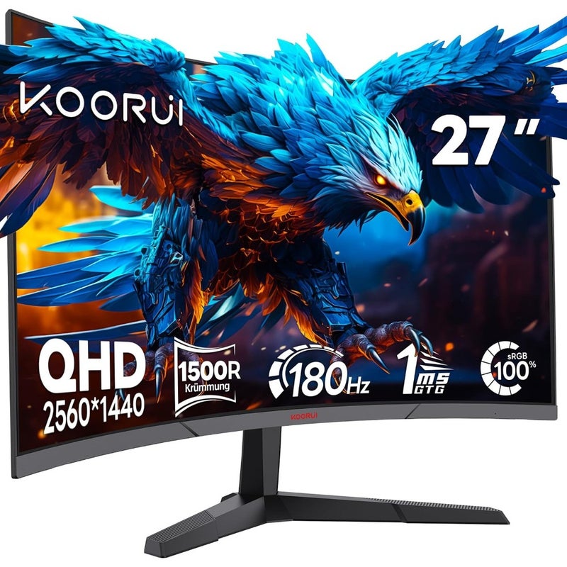 27 Inch Curved Gaming Monitor for immersive gameplay, VA panel, black, 180Hz refresh rate with 1ms response time, QHD 1440P resolution, HDR10, 90 DCI-P3, Adaptive Sync, VESA mount compatible, tilt adjustable - Image 1