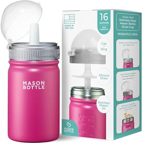 Mason Bottle Kids Mason Jar Cup with Lid and Straw 16oz Stainless Steel Sippy Cup BPAFree Spill Proof Toddler Tumbler RegularMouth SingleWall Snack Cup Smoothie Cup for Kids Pink - Image 1