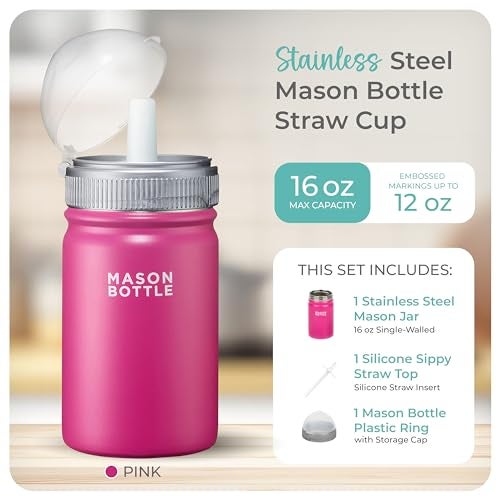 Mason Bottle Kids Mason Jar Cup with Lid and Straw 16oz Stainless Steel Sippy Cup BPAFree Spill Proof Toddler Tumbler RegularMouth SingleWall Snack Cup Smoothie Cup for Kids Pink - Image 3
