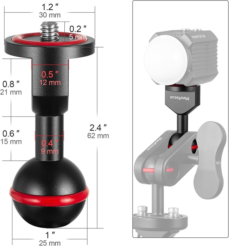 MINIFOCUS 2Pcs 1'' Ball Adapter to 1/4"-20 Screw, Universal Ball Joint Bracket with 1/4" Screw Base Adapter for Underwater Camera Arm Tray Diving Photography System - Image 3