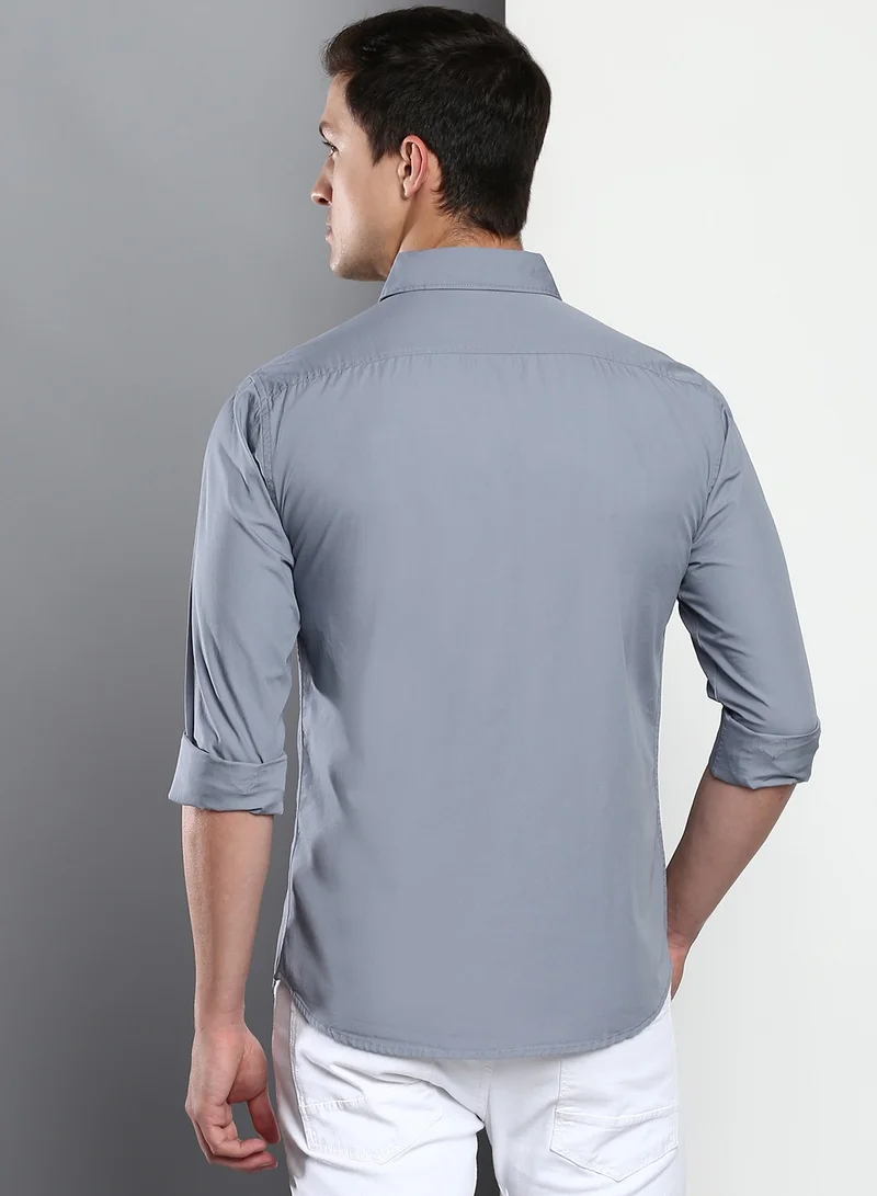 Dennis Lingo Men's Slim Fit Dark Blue Casual Cotton Spread Shirt