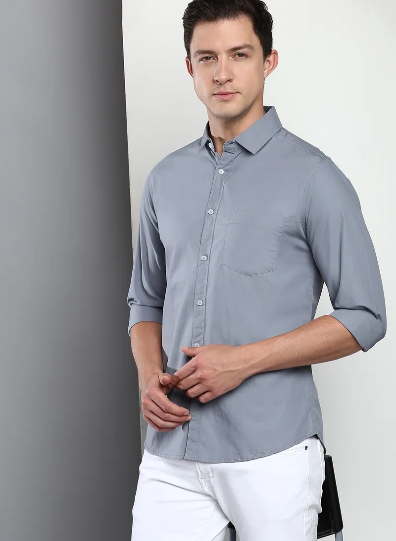 Dennis Lingo Men's Slim Fit Dark Blue Casual Cotton Spread Shirt
