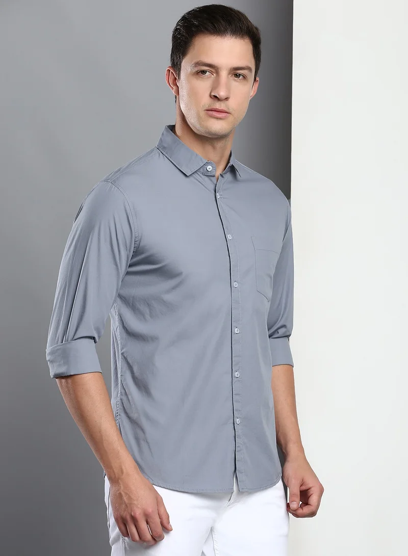 Dennis Lingo Men's Slim Fit Dark Blue Casual Cotton Spread Shirt