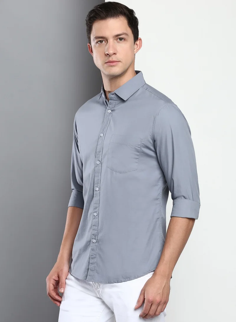 Dennis Lingo Men's Slim Fit Dark Blue Casual Cotton Spread Shirt