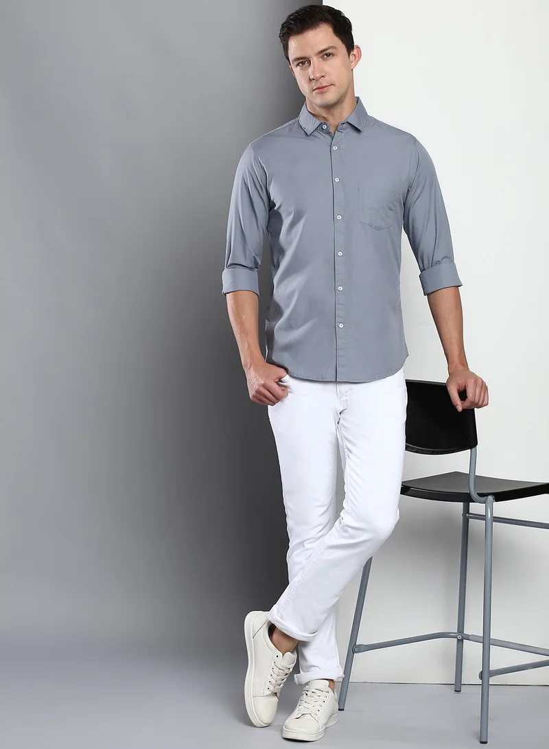 Dennis Lingo Men's Slim Fit Dark Blue Casual Cotton Spread Shirt