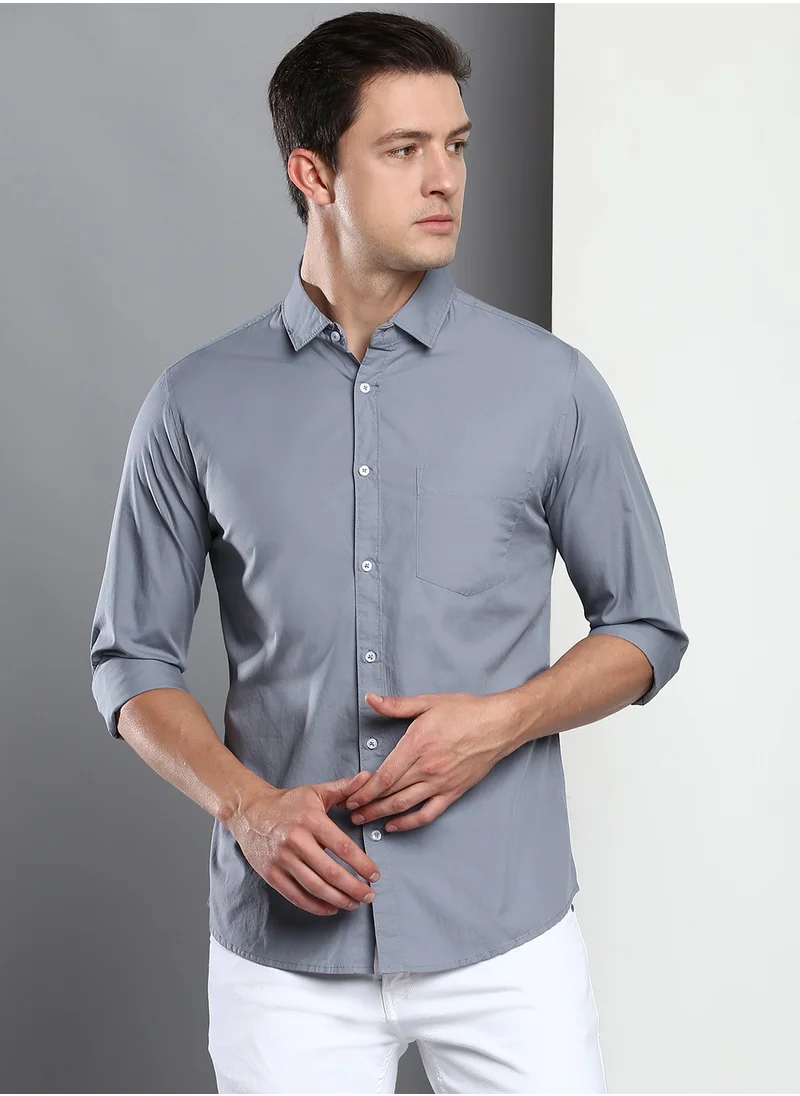 دينيس لينغو Men's Slim Fit Dark Blue Casual Cotton Spread Shirt