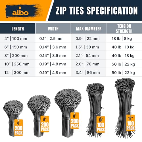 ALBO رباطات كابل سوداء بأحجام متنوعة 800 حزمة 4+6+8+10+12 بوصة رباطات كابل بلاستيكية سوداء مقاومة للأشعة فوق البنفسجية - Image 2