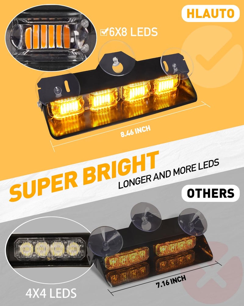 HLauto 2002L Emergency Dash Strobe Lights: Amber Safety Lights, Flashing Warning Hazard Windshield Visor Traffic Light Bars for Trucks, Construction Vehicles (2x8.5 inch, 48LED) - Image 2