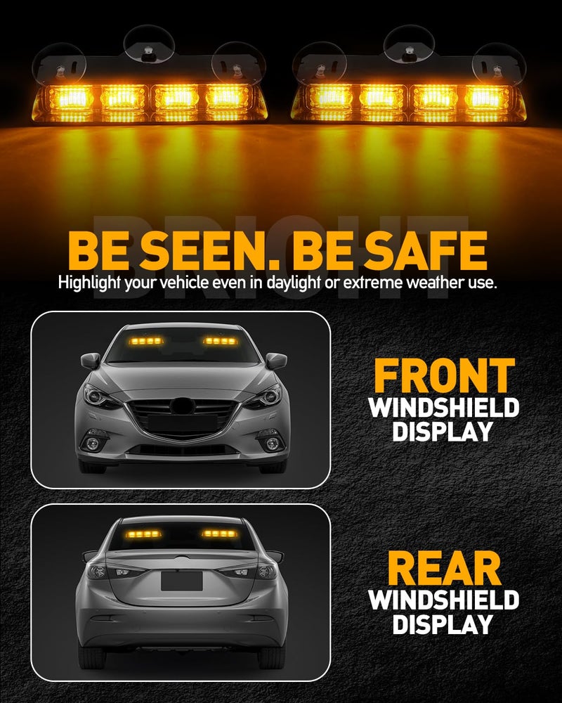 HLauto 2002L Emergency Dash Strobe Lights: Amber Safety Lights, Flashing Warning Hazard Windshield Visor Traffic Light Bars for Trucks, Construction Vehicles (2x8.5 inch, 48LED) - Image 3