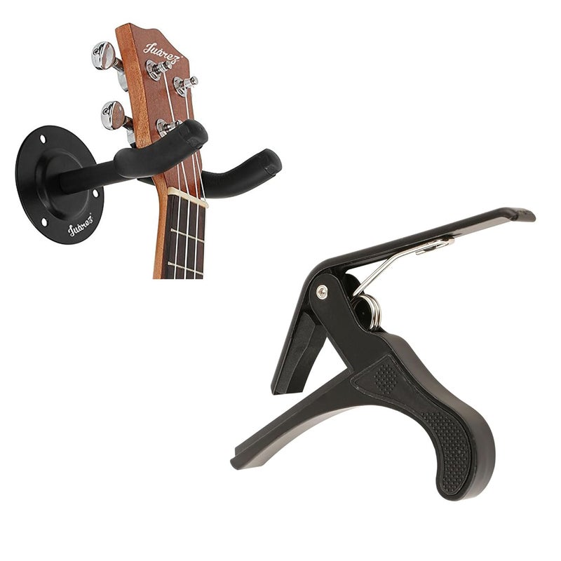 Juarez Juârez One Handed Trigger Guitar Metal Capo Quick Change Combo with Guitar Wall Hanger/Mount/Holder/Hook/Stand/Rack for Acoustic/Electric/Bass Guitars, with Fittings/Accessories, Black - Image 1