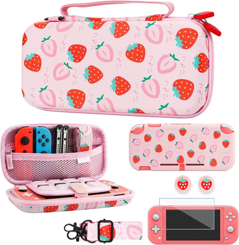 GLDRAM Carrying Case Bundle for Nintendo Switch Lite Case Cute, Pink Travel Case Kit with Soft TPU Cover, Glass Screen Protector, Thumb Grip Caps, Shoulder Strap for Girls, Full Protection(Strawberry) - Image 1
