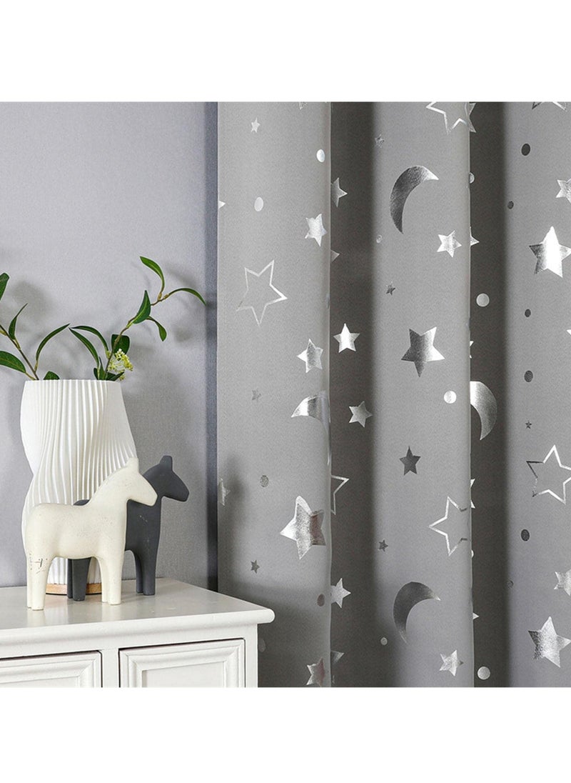 1 Panel Grey Star & Moon Blackout Curtains - Thermal Insulated Room Darkening Window Curtains with Grommet Tops for Bedroom, Living Room, Nursery 132*244cm