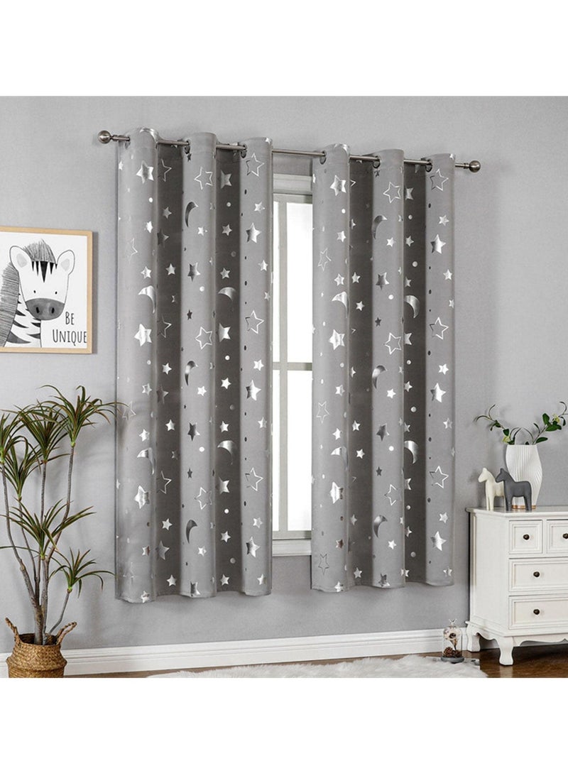 1 Panel Grey Star & Moon Blackout Curtains - Thermal Insulated Room Darkening Window Curtains with Grommet Tops for Bedroom, Living Room, Nursery 132*244cm