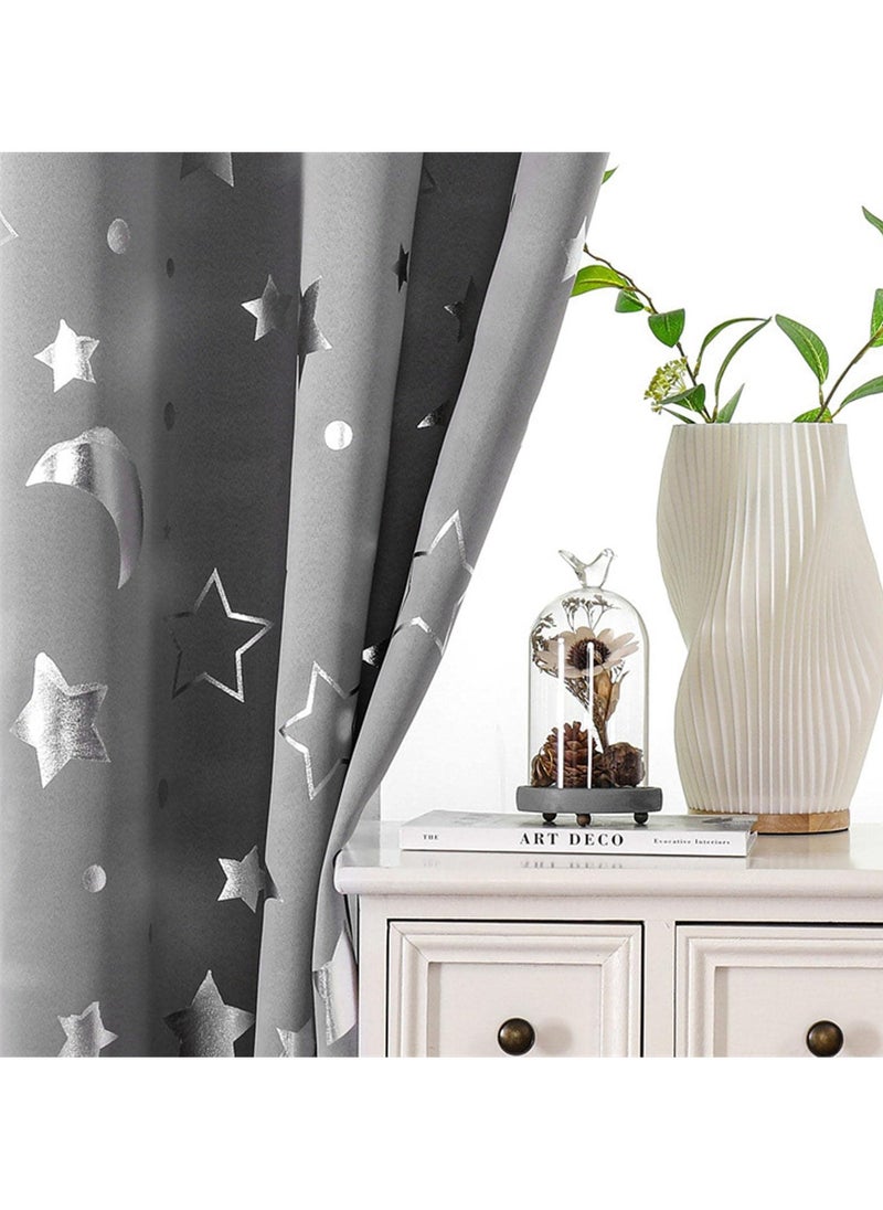 1 Panel Grey Star & Moon Blackout Curtains - Thermal Insulated Room Darkening Window Curtains with Grommet Tops for Bedroom, Living Room, Nursery 132*244cm
