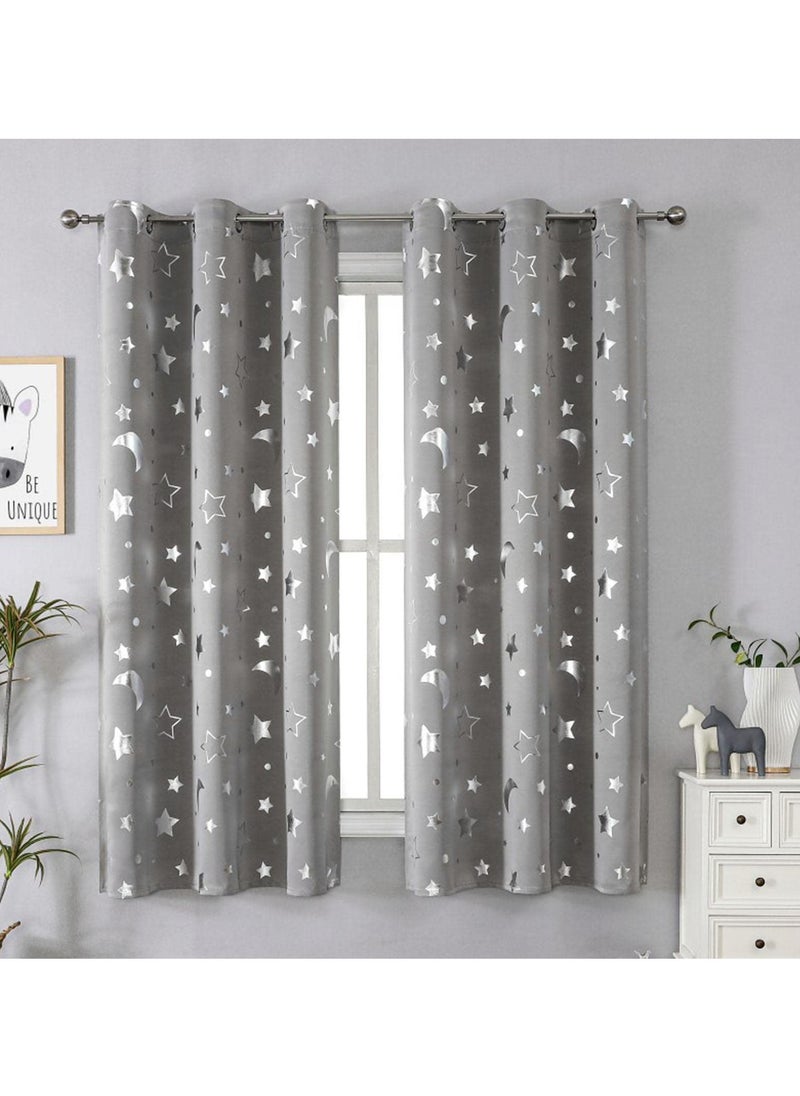 1 Panel Grey Star & Moon Blackout Curtains - Thermal Insulated Room Darkening Window Curtains with Grommet Tops for Bedroom, Living Room, Nursery 132*244cm