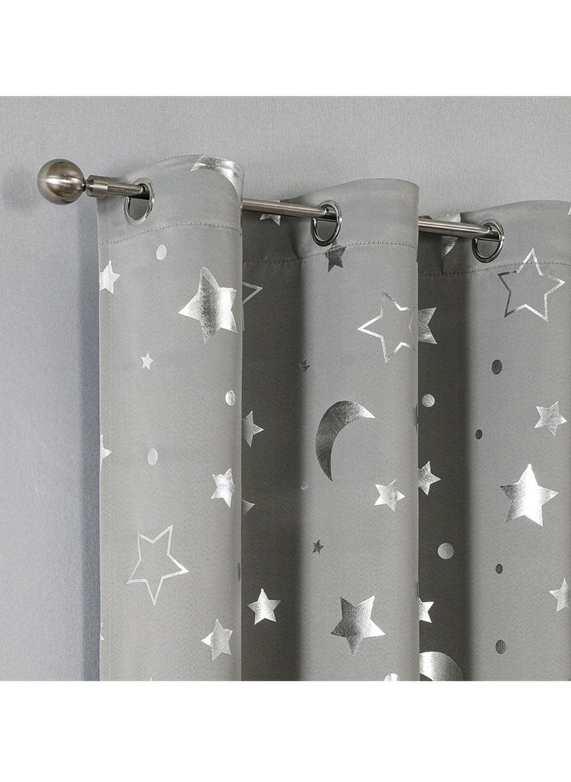 1 Panel Grey Star & Moon Blackout Curtains - Thermal Insulated Room Darkening Window Curtains with Grommet Tops for Bedroom, Living Room, Nursery 132*244cm