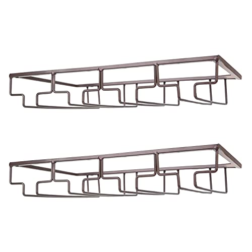 FOMANSH Wine Glass Rack - Under Cabinet Stemware Wine Glass Holder Glasses Storage Hanger 2 Pack Metal Organizer for Bar Kitchen 4 Rows Brown - Image 1