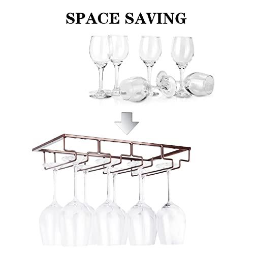 FOMANSH Wine Glass Rack - Under Cabinet Stemware Wine Glass Holder Glasses Storage Hanger 2 Pack Metal Organizer for Bar Kitchen 4 Rows Brown - Image 2