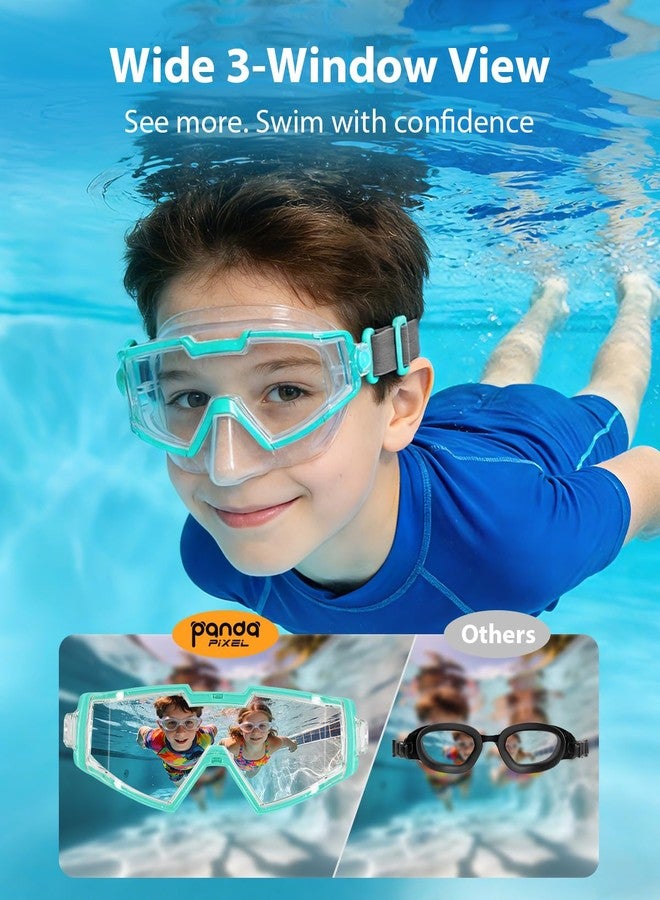 Pixel Panda 2 Pack Kids Swim Goggles with Nose Cover for 6-14, Swim Mask with Fabric Strap for Boys Girls Youth, No Hair Pull, Green & Pink - Image 3