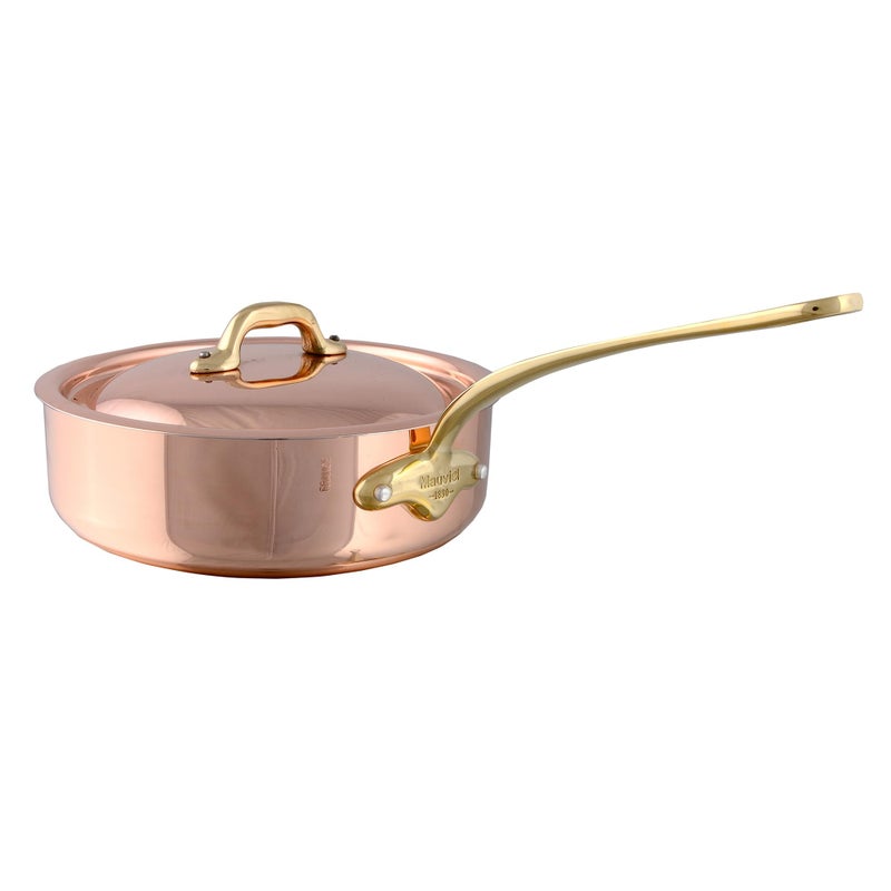 Mauviel MHeritage 150 B 15mm Polished Copper Stainless Steel Saute Pan With Lid And Brass Handles 62qt Made in France