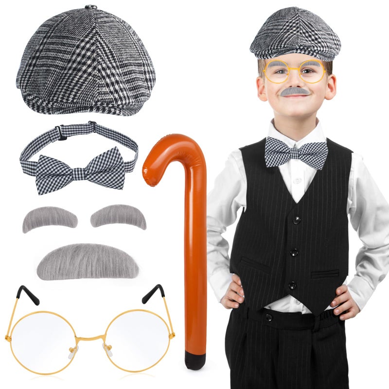 Yewong Kids Old Man Costume Beret Hat Mustache Eyebrows Inflatable Cane Glasses Bowite Grandpa 100 Days of School Cosplay - Image 1