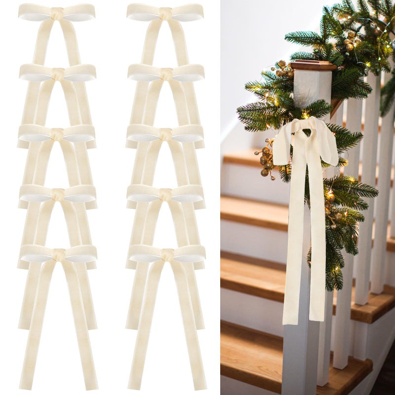 Glitinsel 24 Pcs Velvet Bows for Christmas Tree Vintage Ribbon Bows for Crafts Garland Home Coquette Wedding Birthday Decor9 x 13 Inch Width of 1Beige - Image 2
