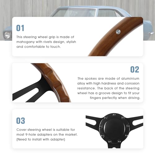 QYMOPAY 9 bolt disc shaped steering wheel, 14 inch wooden steering wheel, suitable for most nine hole car wooden steering wheels - Image 3