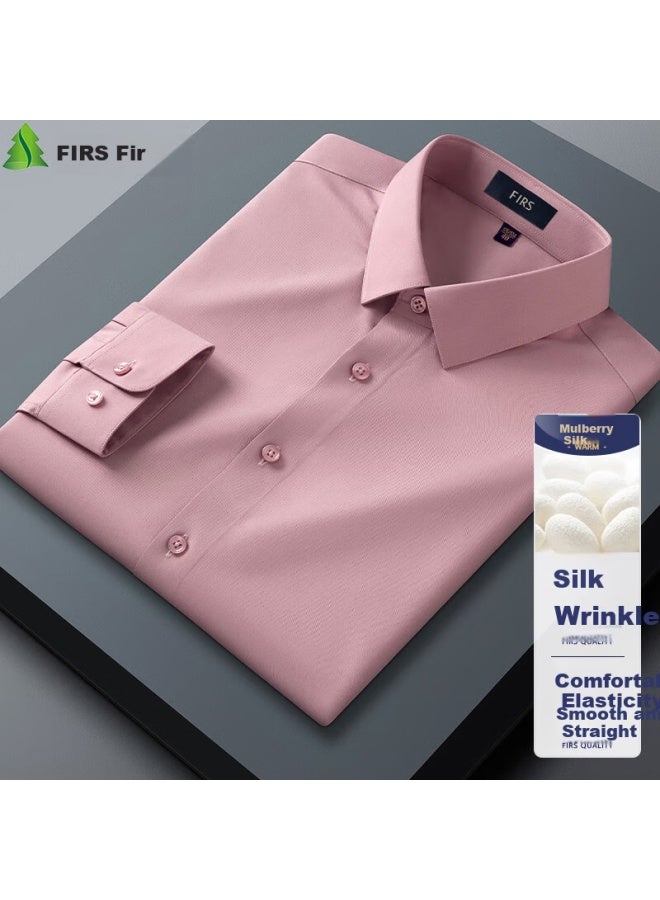 Firs Men's Shirt, Long Sleeve, New Casual Business Style, Wrinkle-resistant, No-iron Dress Shirt, Lotus Pink, Size 43