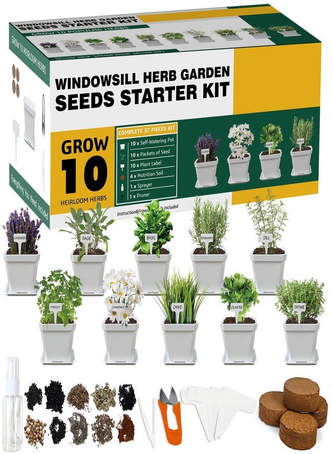 Meekear Herb Grow Kit, 10 Herb Seeds DIY Garden Starter Kit, Complete Potted Plant Growing Set Including White Pots, Markers, Nutritional Soil, Watering, Clipper for Kitchen - Image 1